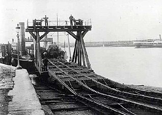 Bouch's ferry design. Note the adjustable ramp of the Granton train ferry.