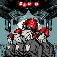 A cartoon rendering of the four members of Devo wearing red energy dome hats with their left fists over their chests in a blue stylized cityscape