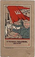 Poster of Gediminas' Tower, a shackled person and a red flag