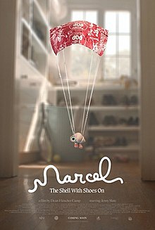 A poster featuring the titular character Marcel using a Tootsie Pop wrapper as a parachute.