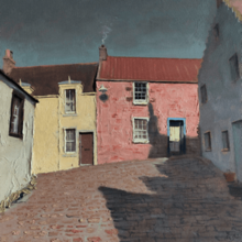 A painting by Dale Bissland of the fishing town of Crail in Scotland, showing a brick street leading towards joined yellow and pink houses, with smoke rising from a chimney on the pink house