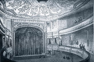 drawing of the interior of a Victorian theatre, amphitheatre shape, with stalls, circle and gallery