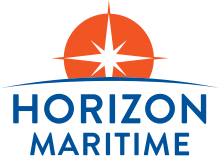 The Horizon Maritime logo consists of the wordmark ("Horizon Maritime") below a shallow blue arc, which represents the curvature of the horizon. In the background, a circular orange sun and white starburst rises, with the lower third obscured by the horizon.