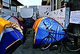 Tents and a protester's bicycle at Ledra/Lokmacı checkpoint in Occupy Buffer Zone in Cyprus, December 2011.
