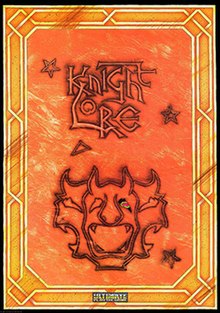 Atop an orange and worn background is "Knight Lore" in seared, stylized, black, interlocked, and outlined lettering. Surrounding the title are similarly styled stars and three gargoyle masks: one faces perpendicular from the plane and two identical masks in profile view face to its left and right. Around the border are yellow, semi-Celtic interwoven lines. The Ultimate logo is very small and centered at the bottom.