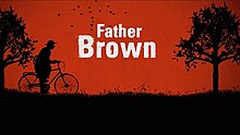 Series title and a silhouette of Father Brown on a bicycle