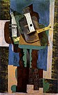 Pablo Picasso, 1916, Guitare, clarinette et bouteille sur une table (Guitar, Clarinet, and Bottle on a Pedestal Table)