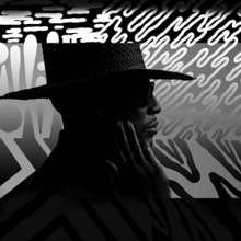 Silhouette-style side view of the face of a black man with his hand reaching toward his cheek and wearing a fedora and sunglasses, backgrounded by an array of squiggly black, grey, and white lines