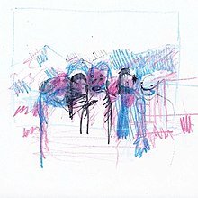 A blue, pink, and black colored pencil drawing a five vaguely defined faces