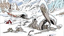 A comic-strip panel of an aeroplane crashed in a mountainous area, covered in snow