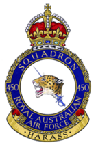 Royal Australian Air Force crest depicting a jaguar's head couped, pierced by a rapier in hand; the jaguar's head symbolises 'death and destruction wrought by the enemy'; the rapier symbolises 'offensive action taken by the squadron'; the motto beneath reads "Harass" based on the squadron's nickname 'The Desert Harassers'