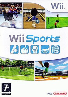 Artwork of a vertical rectangular box. The top third displays three screen shots from the game: two characters with boxing gloves fighting in a boxing ring, a character holding a bowling ball at a ball pit, and a character holding a golf at the putting green of a golf course The Wii logo is shown at the upper left corner. The center portion reads "Wii Sports" over five blue boxes depicting different sports equipment. The third displays two more screen shots from the game: a character holding a Tennis racket at a Tennis Court and a character swinging a Baseball bat in a stadinm. The PEGI "7+" rating is shown on the bottom left corner and the Nintendo logo is on the bottom right corner.