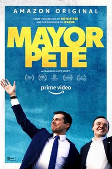Poster for "Mayor Pete" featuring Pete Buttigieg and Chasten Buttigieg waving at a crowd.