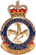Crest of 1 Squadron, Royal Australian Air Force, featuring a diving kookaburra before the Jerusalem cross, and the motto "Videmus Agamus"