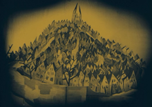 A sepia-tinted drawing of a city landscape, with several tilted buildings packed tightly together in sharp angles on a steep hill.