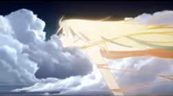 An animated female figure gliding through a field of clouds as it is about to fly in front of the sun