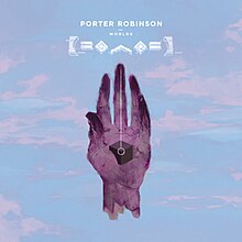 The artwork features a purple hand suspended in front of a pastel blue and pink cloudy sky. The hand has a cube at its center with a white circle and line connecting them. Above the hand, the texts "Porter Robinson" and "Worlds" are shown, along with Worlds's logomark, an emoticon of a frowning face.