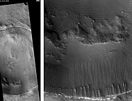 Puńsk crater, as seen by HiRISE. Scale bar is 500 meters long. Image on right is an enlargement of south (bottom) wall of crater.