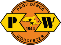 The logo of the Providence and Worcester Railroad. In addition to showing the railroad's name, a map of Massachusetts and Rhode Island is at the center of the logo, with stars indicating the locations of Providence and Worcester, and the year "1844", when the company was formed.