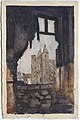 A view from inside the ruined château in 1917, facing the rear "quadrangle"; painting on a war-charity art postcard.