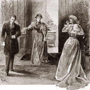 three middle-aged white people in Victorian costume. The woman, centre, points accusingly at the man, left. The woman, right, recoils in horror.