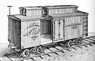 This engraving of Tiffany's original "Summer and Winter Car" appeared in the Railroad Gazette just before Joel Tiffany received his refrigerator car patent in July, 1877. Tiffany's design mounted the ice tank in a clerestory atop the car's roof, and relied on a train's motion to circulate cool air throughout the cargo space.
