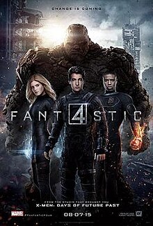 The titular Fantastic Four, standing in the center of the poster, with the film's title toward them and release date below them, with a destroyed city behind them.