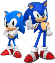 Two anthropomorphic, cartoon blue hedgehogs wearing red shoes. The one on the right is taller and slimmer, while the one on the left is shorter and portly.