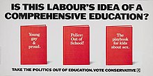 Tagline "Is this Labour's idea of a comprehensive education?" above an image of three books with the titles "Young, Gay and Proud", "Police: Out of School!" and "The playbook for kids about sex"