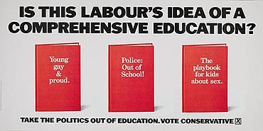 Tagline "Is this Labour's idea of a comprehensive education?" above an image of three books with the titles "Young, Gay and Proud", "Police: Out of School!" and "The playbook for kids about sex"