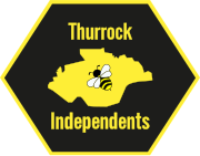 A hexagon with a map of Thurrock inside it. Inside the map is a picture of a bee.