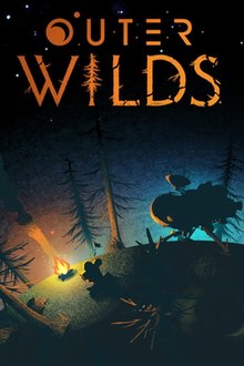 Cover art for Outer Wilds, with a campfire and a spaceship