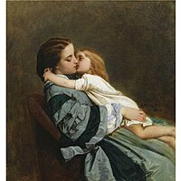 Maternal Love by Auguste Toulmouche. Toulmouche often associated with the Neo-Grec group and many of his paintings, though not depicting antique subjects, adapted the style to a context that was contemporary, using subjects considered 'bourgeois' in reflecting the daily life of the French middle class.