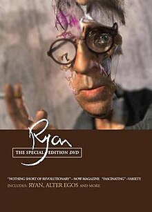 The image depicts the cover of the DVD release of the film. The bottom has a solid brown background with the stylized text 'Ryan' printed above some credits. The top is a still image from the film with a blurred grey background and a portrait of Ryan Larkin, wearing his circular-frame glasses, in the distorted and disembodied style of the film, in which his left cheek, right eye, and most of the right side of his face are missing, enabling the viewer to see the background.